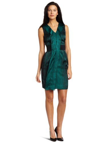 Kenneth Cole Women's Ombre Snake Ruffle Front Dress, Pine Green Combo, 4