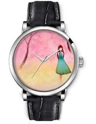 SPRAWL Aanalog Fashion Series Silver Ladies Watches of Genuine Black Leather Strap,Unique Wrist Watch for Women Girls Designed with Girl in the forest of blue roses trees