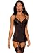 2-pc Stretch Satin & Lace Garter Slip & G-String Set by Rene Rofe #501185, Small/Medium