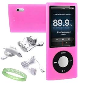 Apple Ipod Nano 8 GB / 16 GB 5th Generation 5G ( Newest Version ) Hot Pink Silicone Skin Case cover + Ipod Nano 5G Car Charger + Ipod Nano 5G Wall / Travel Charger + Ipod Nano 5G Data Cable + Vangoddy TM, Live*Laugh*Love wrist band!!!