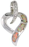 Sterling Silver Open Heart Slide / Pendant, Inlaid w/ Lab Opal with CZ, 1 inch (25 mm) tall,