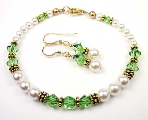 August PERIDOT Gold Filled Birthstone Swarovski Crystal Beaded Bracelets and Earrings Sets