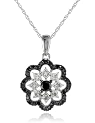 White-Gold Black and White Diamond Flower Pendant Necklace (0.33cttw, G-H Color, I2-I3 Clarity), 17"