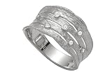 14K White Gold Hand-Crafted Matte-Finish Designer Ring, Etched and Enhanced with Bezel Set Diamonds.