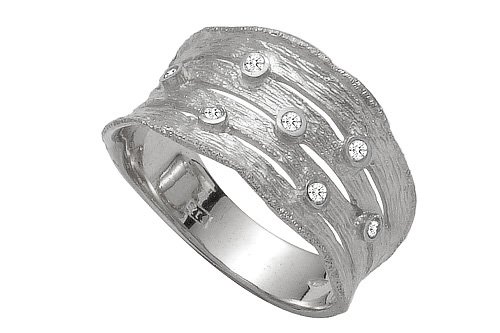 14K White Gold Hand-Crafted Matte-Finish Designer Ring, Etched and Enhanced with Bezel Set Diamonds.
