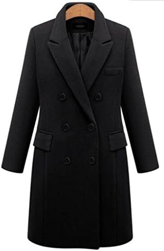 QUIZAS PASION Women's Long Double Breasted Wool-Blend Coat(Black,L)