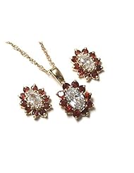 Peninsula Jewellery 9Ct Gold Garnet And Cubic Zirconia Oval Cluster Pendant With Chain And Earrings