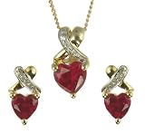 9ct Gold Ladies Created Ruby And Diamond Heart Shaped Pendant And Earring Set 18 Curb