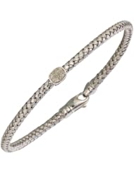 Silver Rhodium Plated Polish 7.25" 3.6mm Basketweave Bangle With .01Ct Diamond Oval And Fancy Lobster Clasp