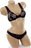 Black Underwire Bathing Suit 2 pc Bikini Swimsuit Embellished with Clear and Gold Beads