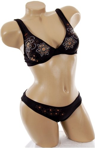 Black Underwire Bathing Suit 2 pc Bikini Swimsuit Embellished with Clear and Gold Beads