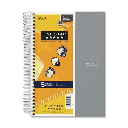Mead 06184 Notebook,Wirebound,5-Subject,180 Sheets,9-1/2 in.x6 in.,Assorted