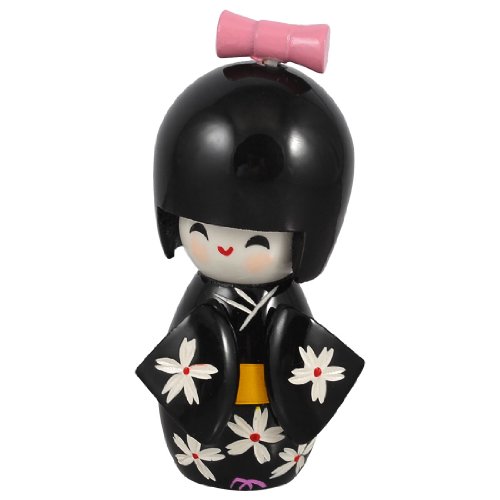 Engraved Flower Pattern Kimono Kokeshi Doll Black