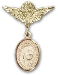 14K Gold Baby Badge with Blessed Teresa of Calcutta Charm and Angel with Wings Badge Pin