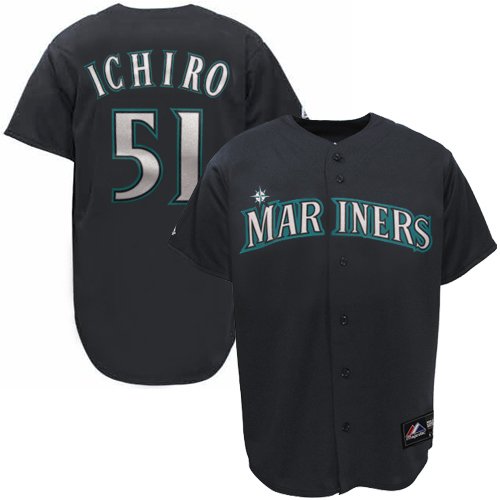 MLB Men's Seattle Mariners Ichiro Mariner Navy Short Sleeve 6 Button Synthetic Replica Baseball Jersey Spring 2012  (Mariner Navy, Small)