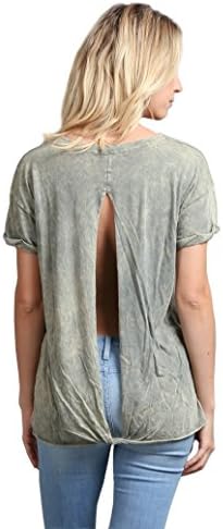 DREAM SUPPLY Mineral Wash Rolled Up Sleeve Open Back Shirt (Medium, Moss Green)