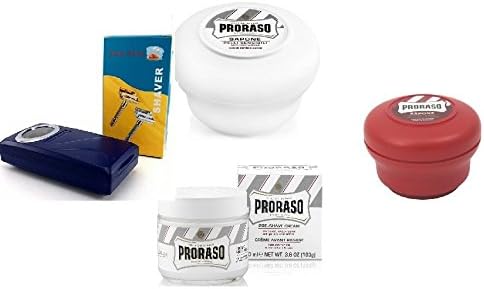 Pro'raso Shave Soap, Sensitive 150 ml + Shave Soap, Sandalwood 150 ml + Shaving Factory Double Edge Safety Razor, Silver + Pre Shaving Cream w/ Green Tea & Oatmeal 100 ml