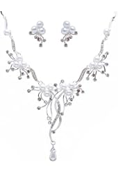 ACCESSORIESFOREVER Bridal Wedding Jewelry Set Crystal Rhinestone Pearl Floral Vine Design Necklace