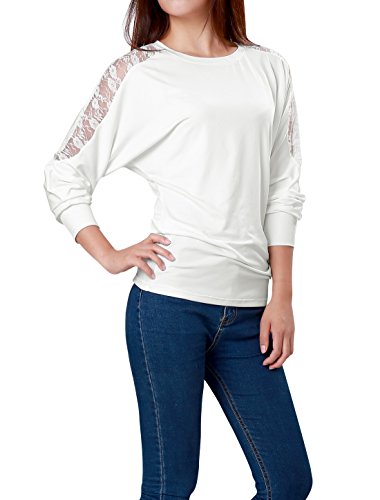 Women Floral Lace Panel Back Scoop Neck Stretchy Casual Shirt