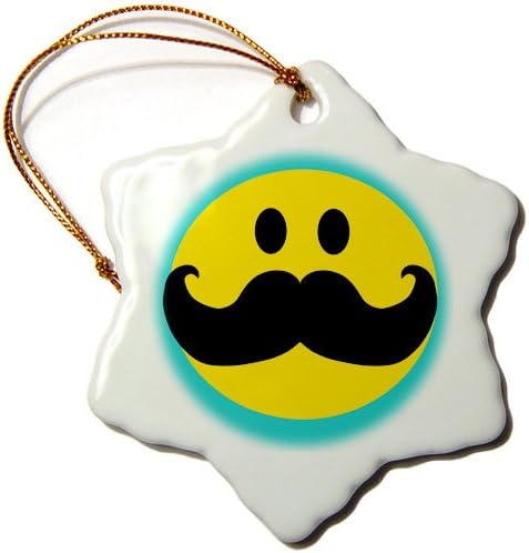 orn_113096_1 InspirationzStore Smiley Face Collection - Yellow Smiley face with black mustache - teal blue turquoise - moustache Fun fancy gentleman cartoon - Ornaments - 3 inch Snowflake Porcelain Ornament