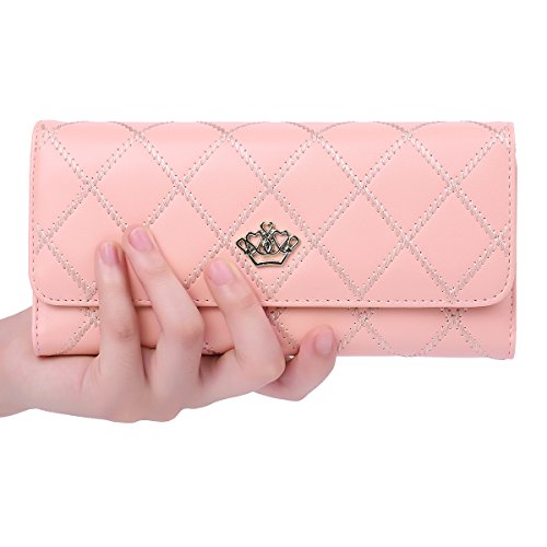 Jastore Elegant Lady Women Clutch Crown Wallet Long Purse Leather Wallet (Pink)