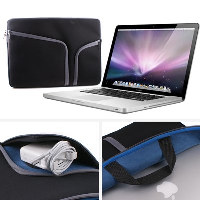 GMYLE® Black Soft Neoprene Zipper Case With Pocket Pouch and Handle Laptop Netbook Notebook Sleeve Cover Bag for 15 15.4 Apple Macbook Pro Retina (Perfect fit)