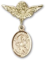 14K Gold Baby Badge with St. Matthew the Apostle Charm and Angel with Wings Badge Pin