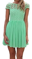 Sexy A-line Floral Print Chiffon Open-Back Pleated Lace  Dress