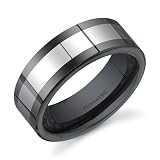 Flat Edge 8 mm Comfort Fit Mens Black Ceramic and Tungsten Combination Wedding Band Ring Size 8 to 13 Free Shipping