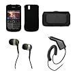 Blackberry Bold 9650 Premium Black Leather Carrying Pouch+Rubberized Black Snap-on Hard Case Cover+Stereo In-ear Headphones+Rapid Car Charger Combo For Blackberry Bold 9650
