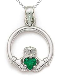 14kt White Gold Small Claddagh Pendant with Simulated Emerald - Chain Included
