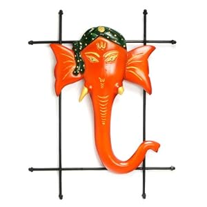 Resin Abstract Orange Ganesh Head on Metal Frame Wall Hanging
