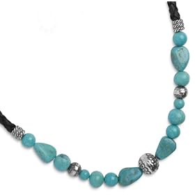 Sterling Silver Turquoise and Leather Necklace, 15-19 by Amazon.com Collection