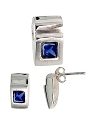 Sterling Silver Matte-finish Fancy Earrings (11mm tall) & Pendant Slide (15mm tall) Set, w/ Princess Cut Blue Sapphire-colored CZ Stones