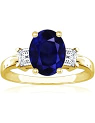 14K Yellow Gold Oval Cut Blue Sapphire Three Stone Ring