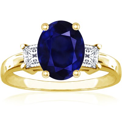 14K Yellow Gold Oval Cut Blue Sapphire Three Stone Ring