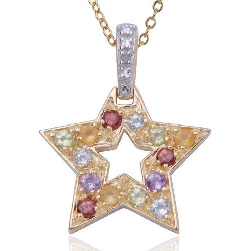 18k Yellow Gold Plated Sterling Silver Multi-Gemstone and Diamond Open Star Pendant, 18