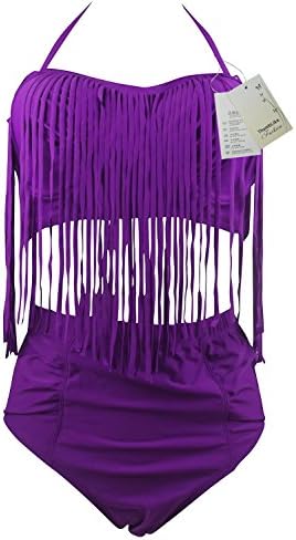 ThumbLike Womens Plus Size Retro Tassel High Waist Bikini Vintage Swimsuit Purple (XL)