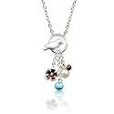 Sterling Silver Brown Enamel Flower, Freshwater Cultured Pearl, Turquoise and Purple Beads On Glazed Bird Open Circle Pendant, 18"