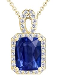 18K Yellow Gold Cushion Cut Blue Sapphire And Round Diamond Pendant