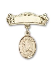 14K Gold Baby Badge with St. Emily de Vialar Charm and Arched Polished Badge Pin