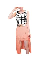 Belted High-Low-Hem Elasticized   Waistline Plaid Print Round Neck Sleeveless Chiffon  Dress