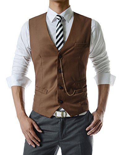 TheLees (GVE) Mens Business Slim Fit Chain Point 4 Button Vest Waist Coat BROWN US XL(Tag size 3XL)