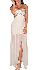 Strapless Slit Open-Back  Sleeveless Brocade Floor Length  Dress With Ruffles