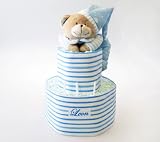 Windeltorte, blau XXL mit NAMEN und Spieluhr Bär, Geschenk zur Geburt, Geschenk zur Taufe o. Babyshower, personalisiert
