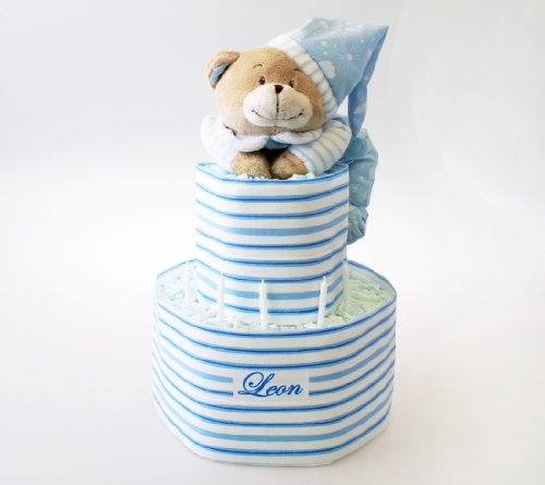 Windeltorte, blau XXL mit NAMEN und Spieluhr Bär, Geschenk zur Geburt, Geschenk zur Taufe o. Babyshower, personalisiert