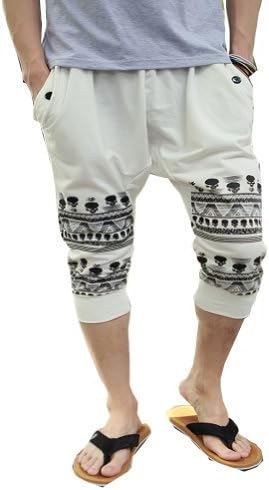Magiftbox 2 Colors Mens Cotton Loose Harem Pants Printed Harem Calf-length Pants