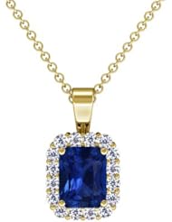 14K Yellow Gold Emerald Cut Blue Sapphire And Round Diamond Pendant
