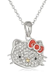 Hello Kitty by Simmons Jewelry Co. Czech Crystals Flat Pave Face and Red Bow Small Dangle Girls Pendant Necklace