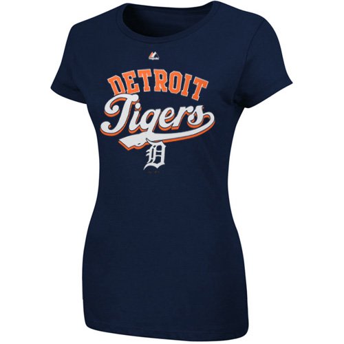 Majestic Detroit Tigers Ladies The Essentials T-Shirt - Navy Blue (Large)